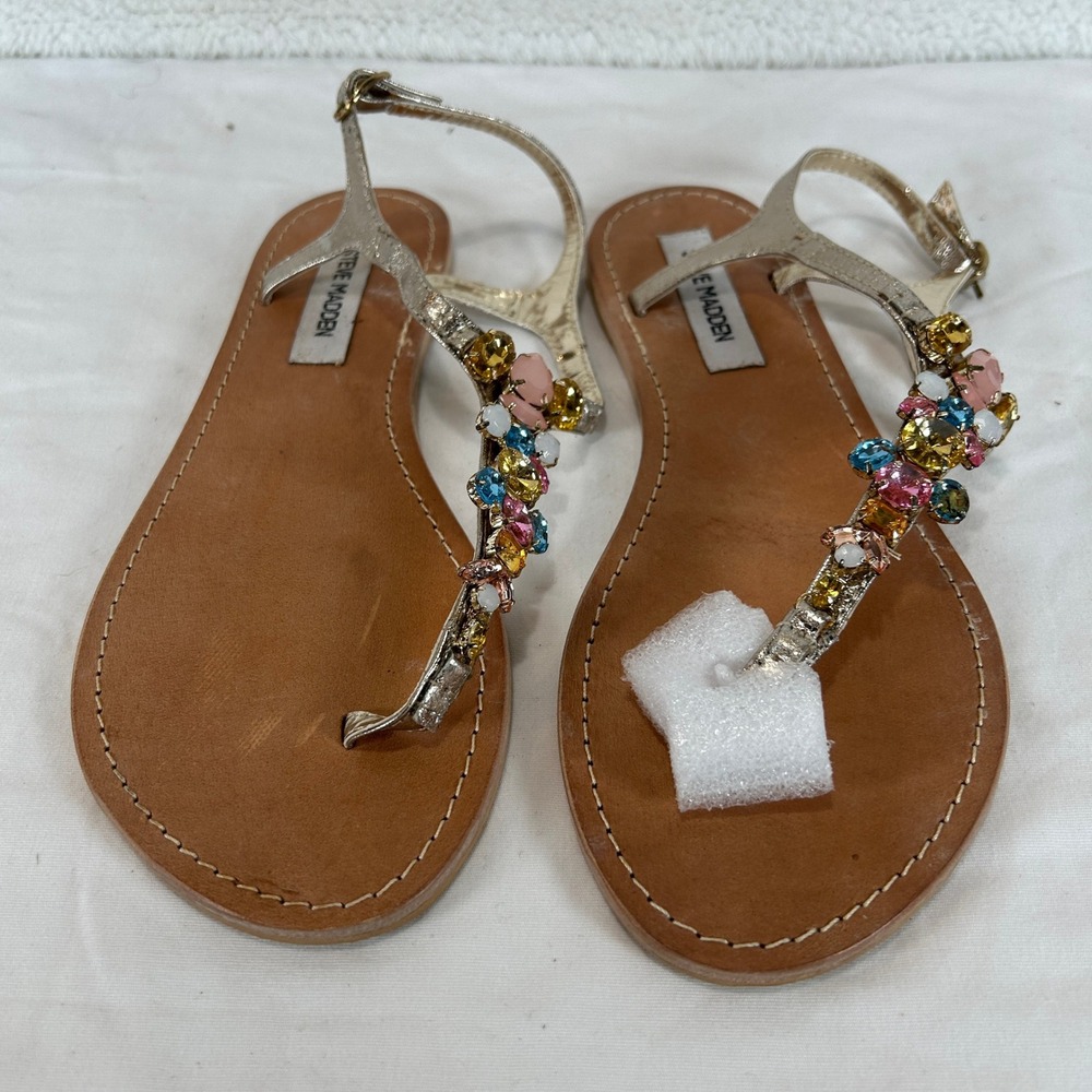 Steve Madden Gold Jeweled T-Strap Sandals - Picture 6 of 7